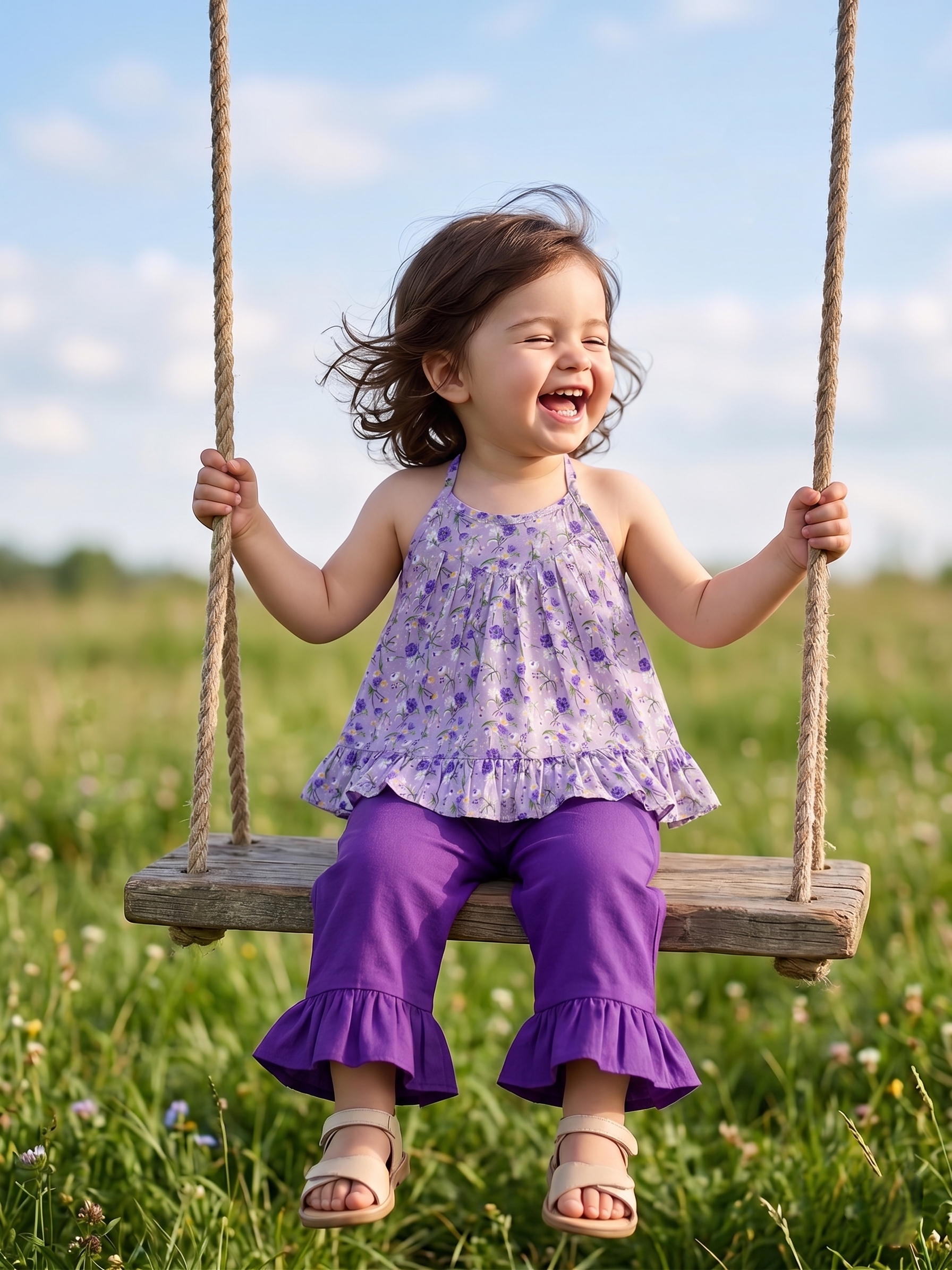 Lavender Floral Tie-Up Top & Purple Ruffle Hem Pants Set for Girls