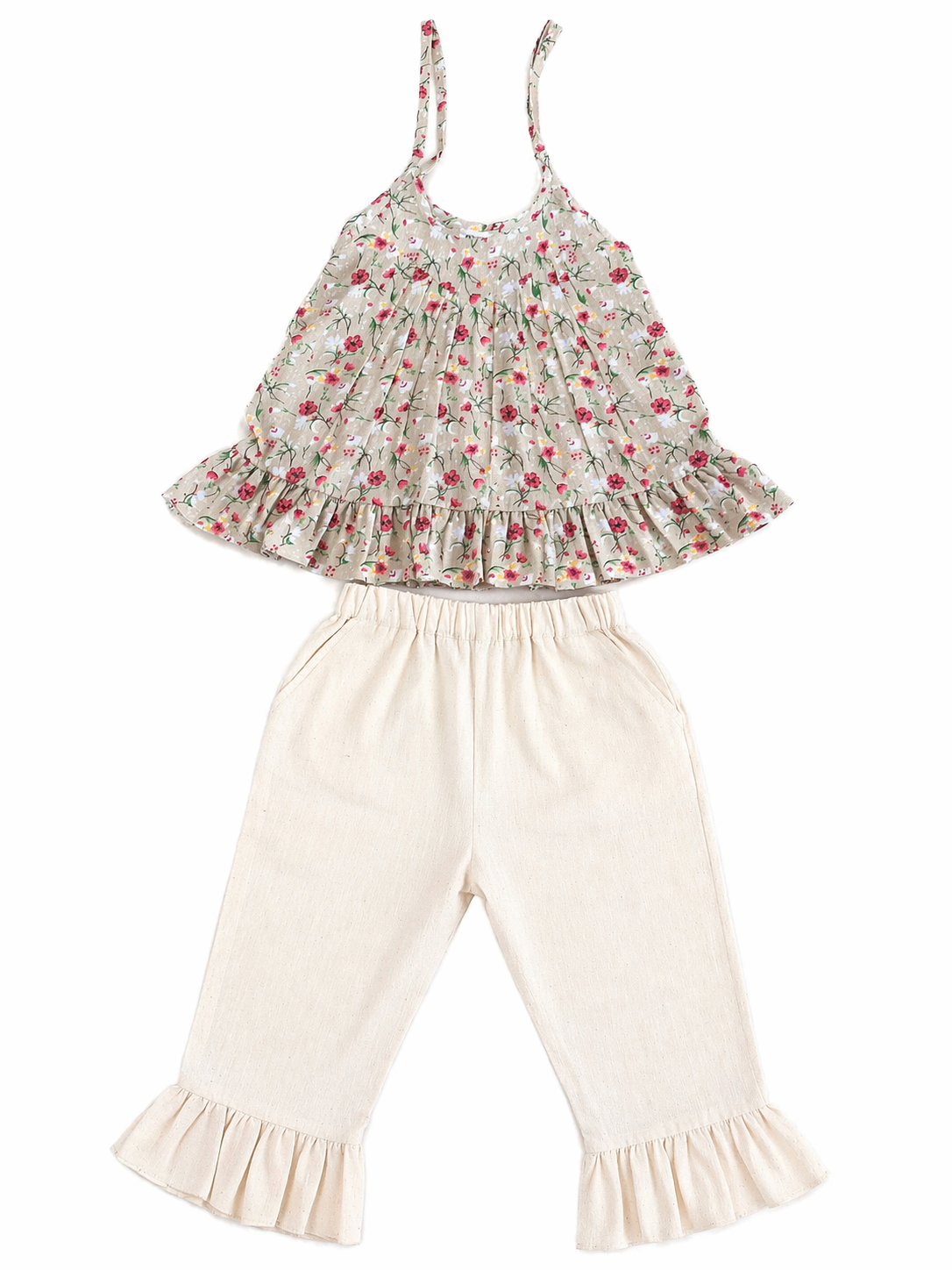 Floral Strappy Peplum Top & Ruffle Hem Pants Set for Girls