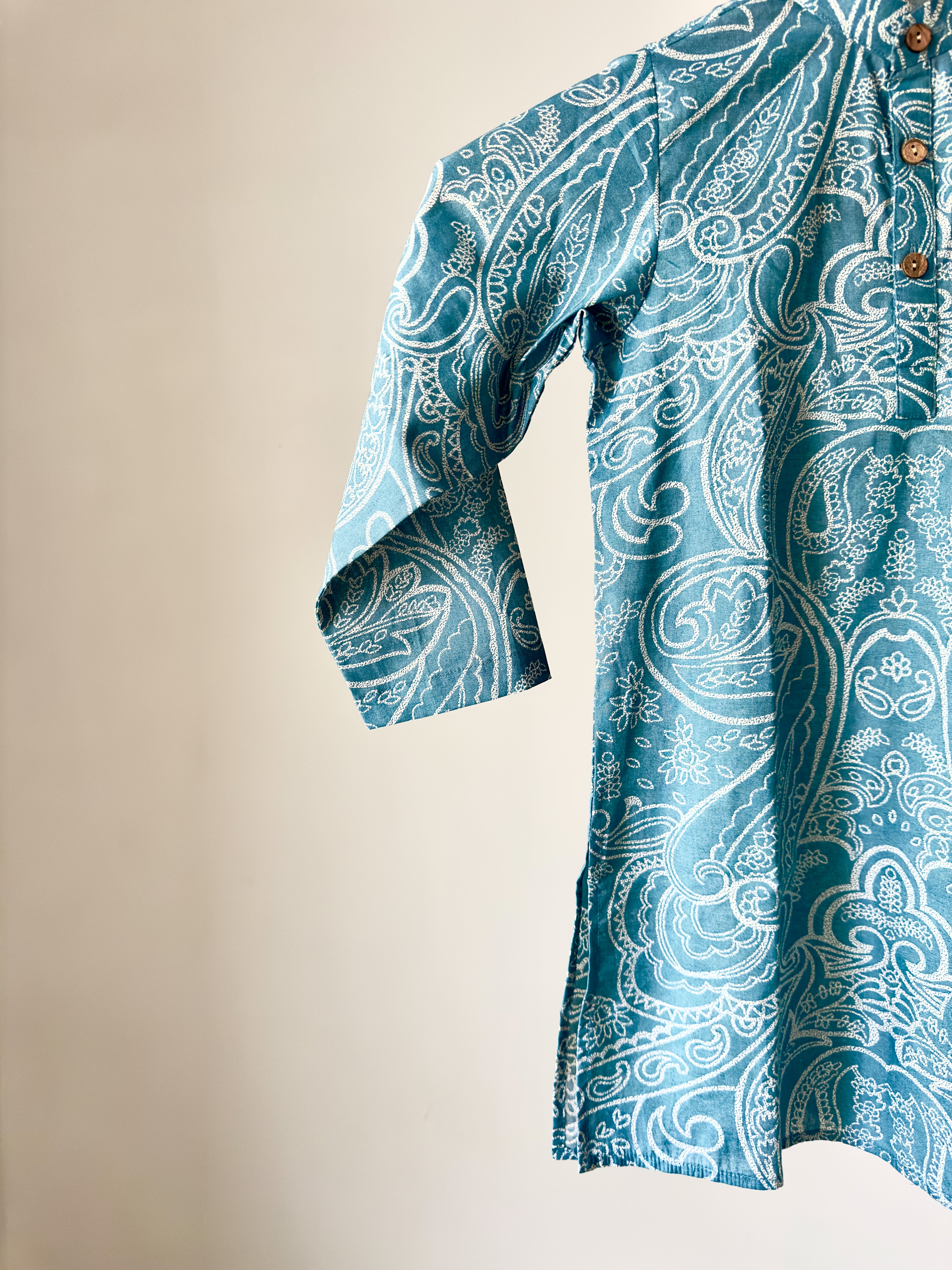 Turquoise Paisley Printed Cotton Kurta