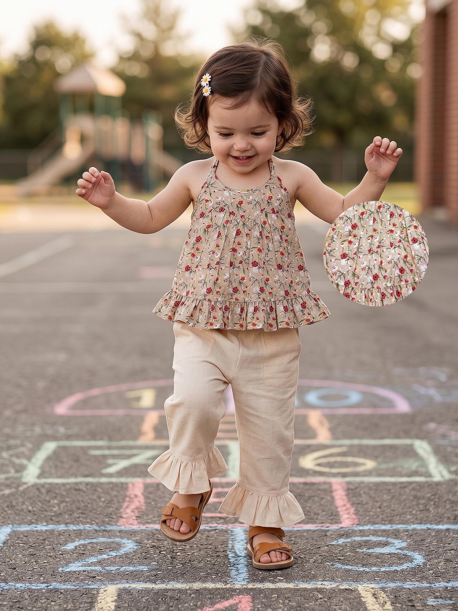 Floral Strappy Peplum Top & Ruffle Hem Pants Set for Girls