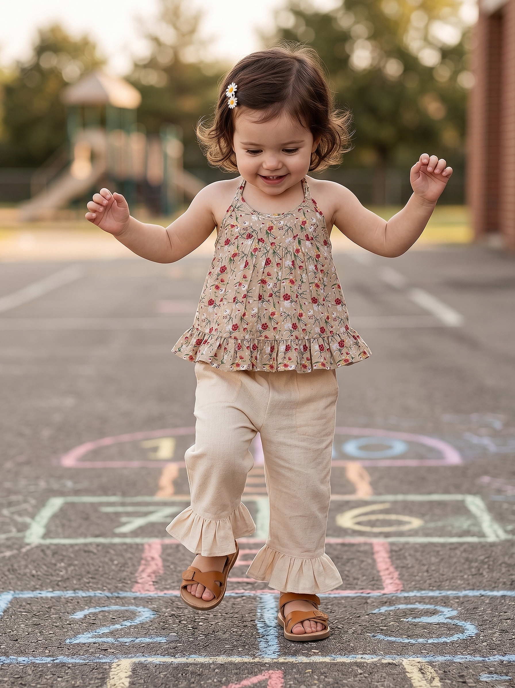 Floral Strappy Peplum Top & Ruffle Hem Pants Set for Girls