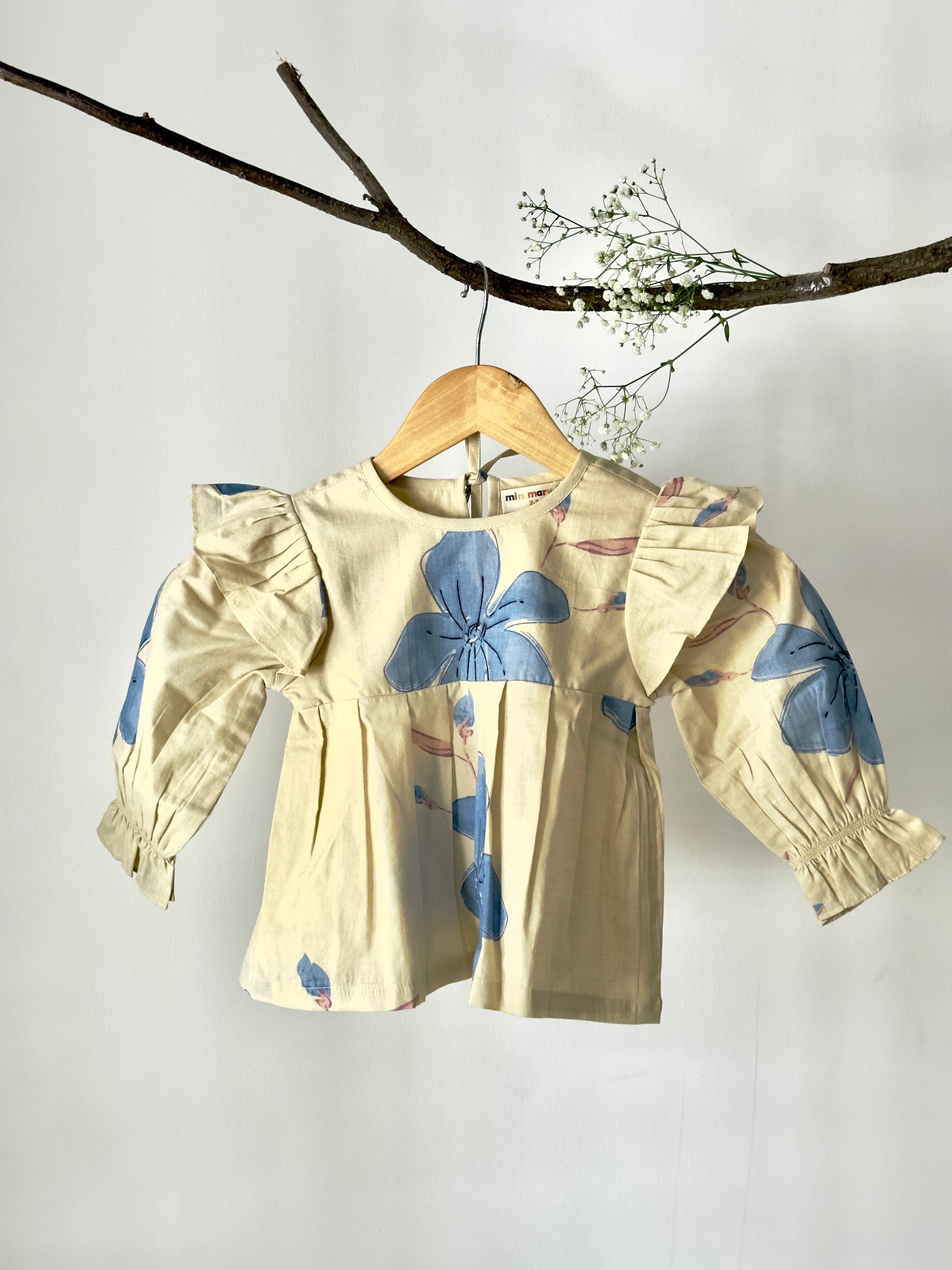 Baby girl floral ruffle co-ord set in cream and blue cotton