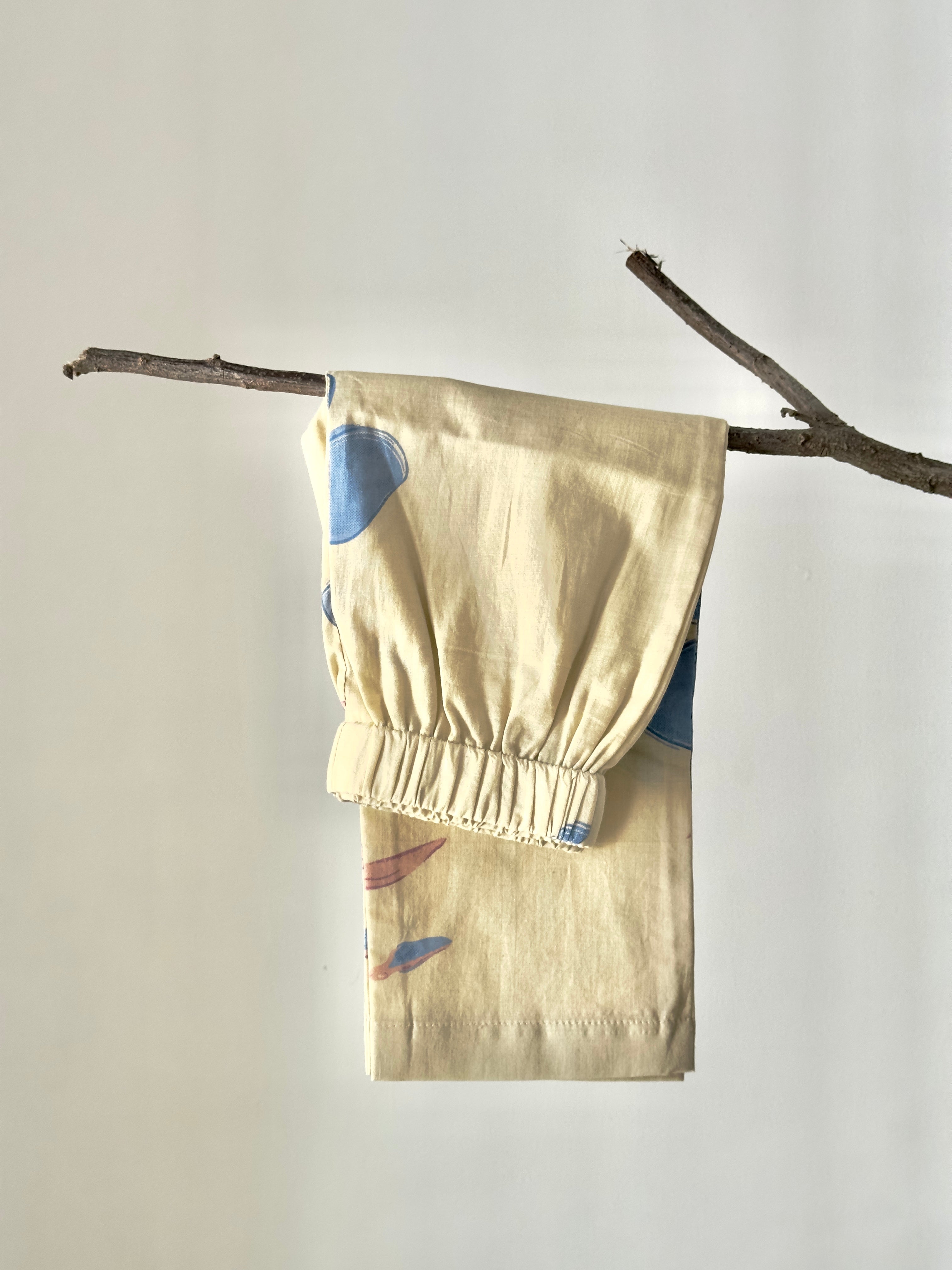 Baby girl floral ruffle co-ord set in cream and blue cotton