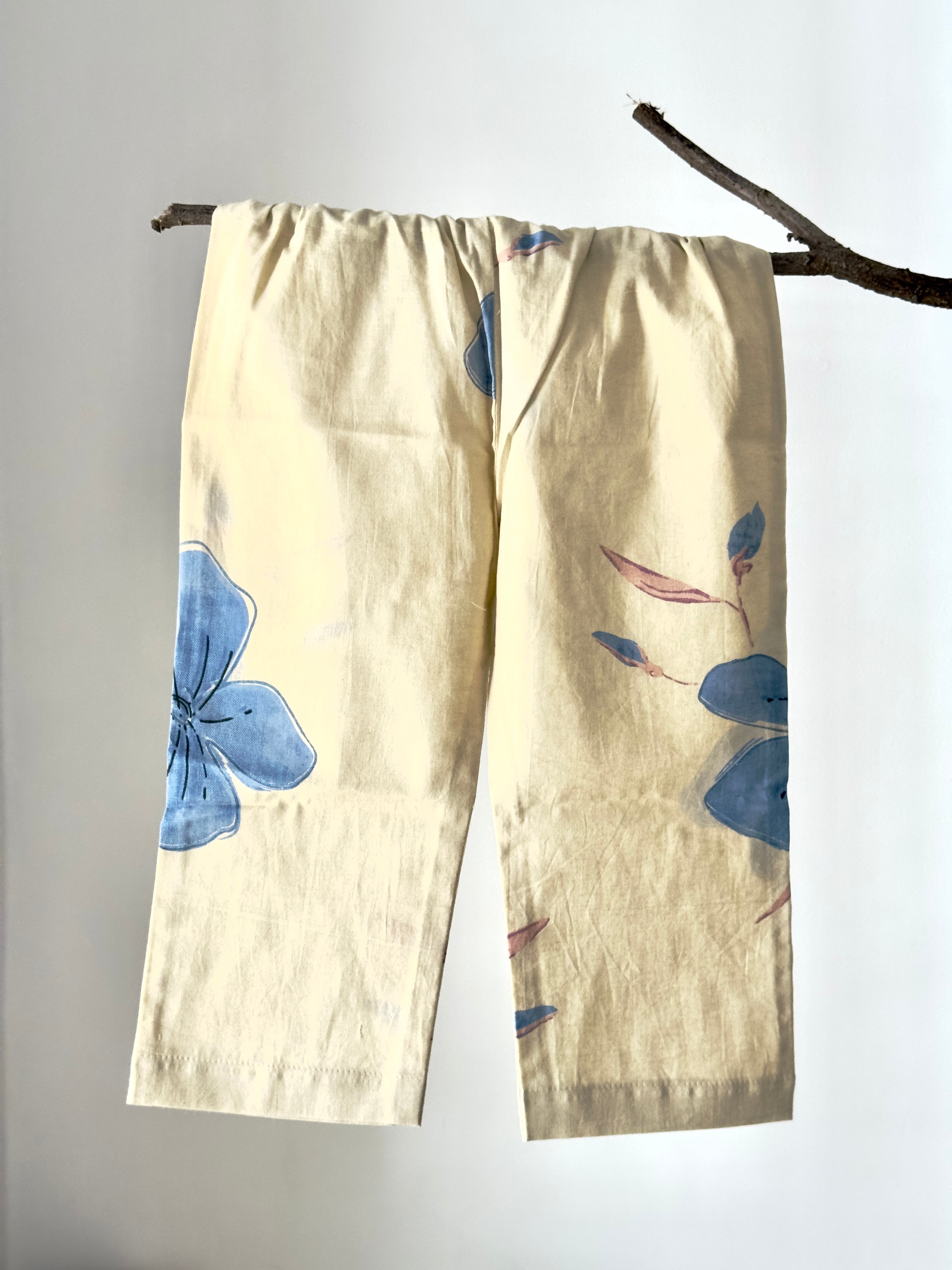 Baby girl floral ruffle co-ord set in cream and blue cotton