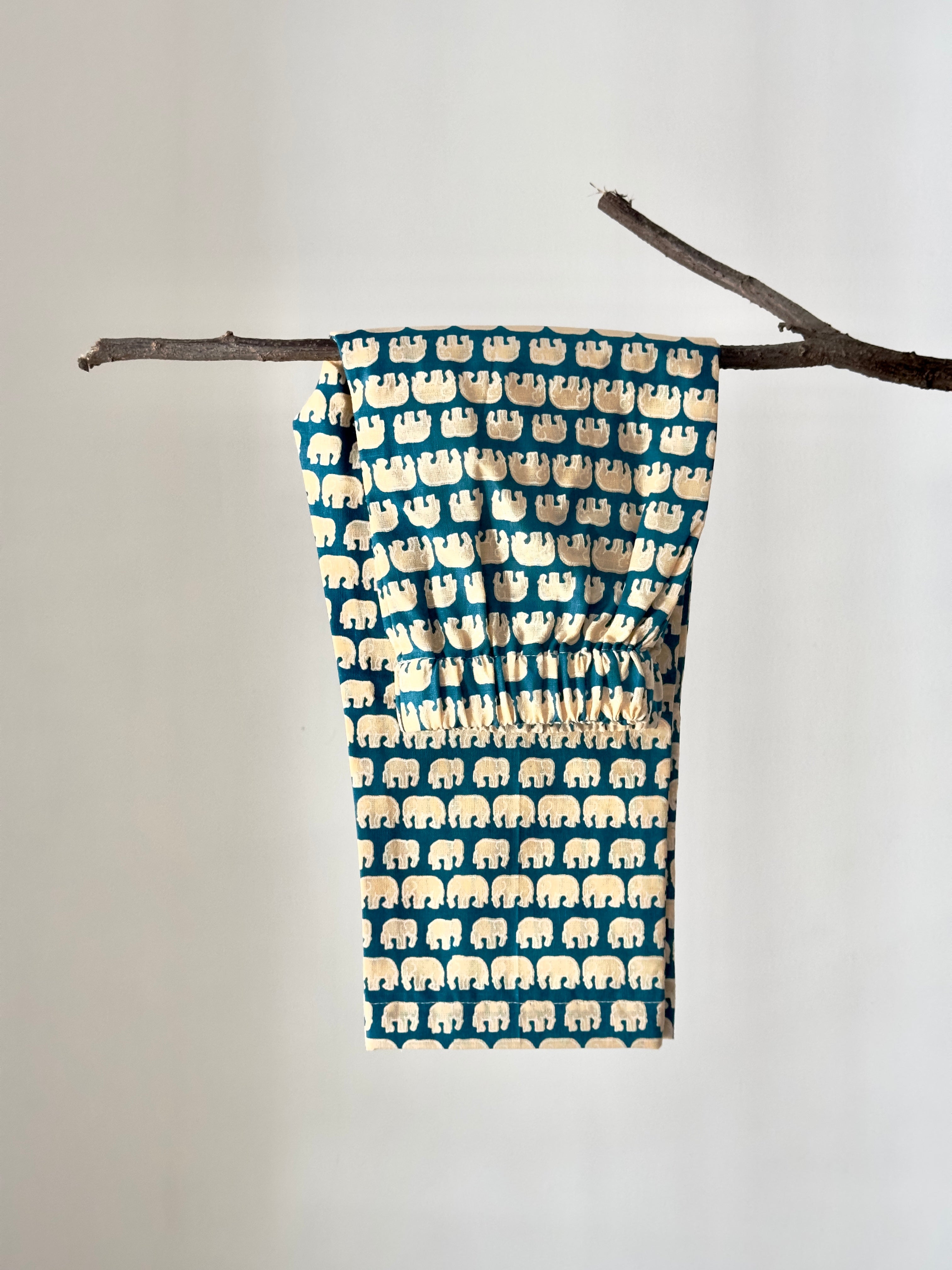 cotton co-ord set with teal elephant print – top and bottom.