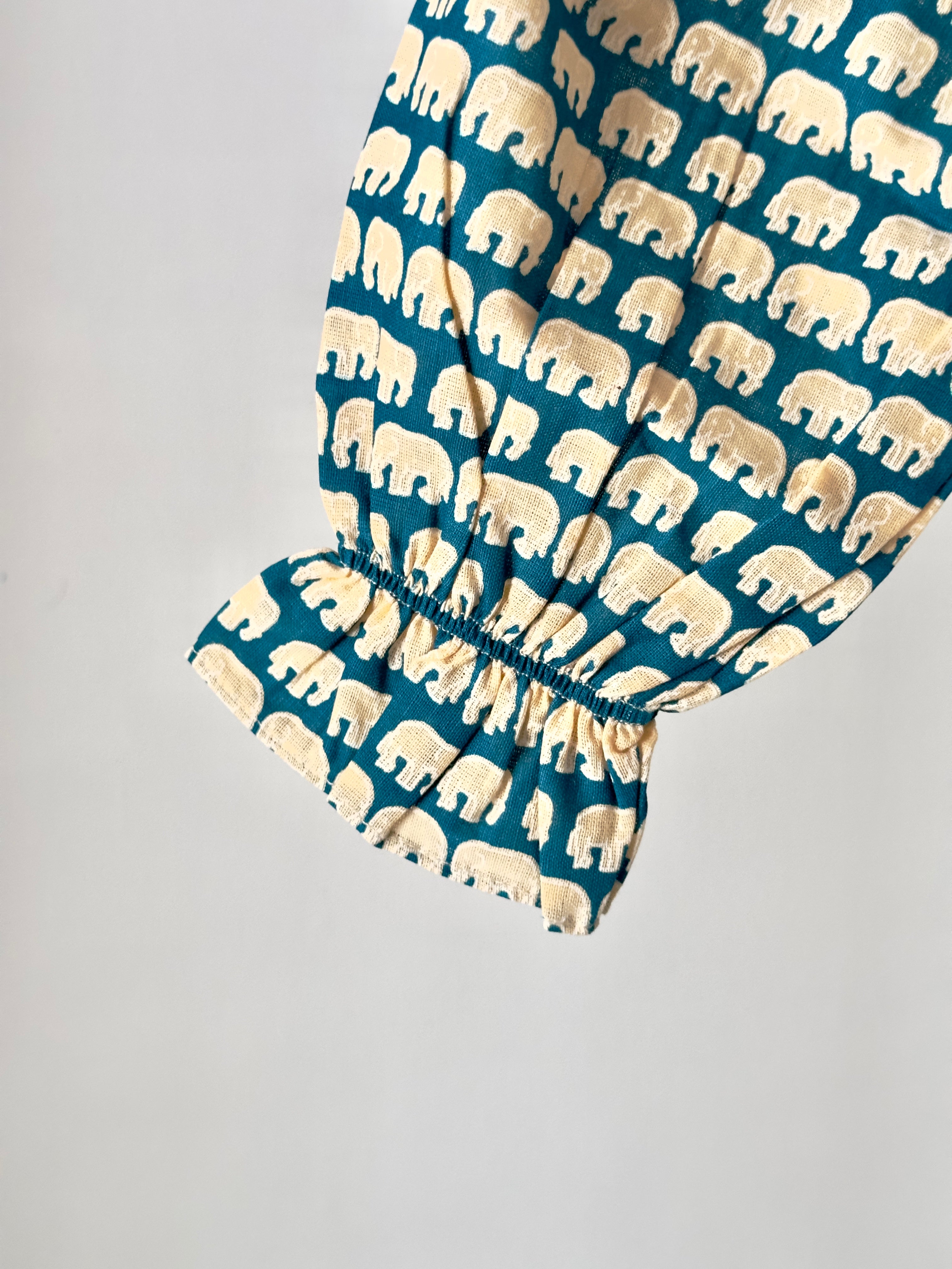 cotton co-ord set with teal elephant print – top and bottom.