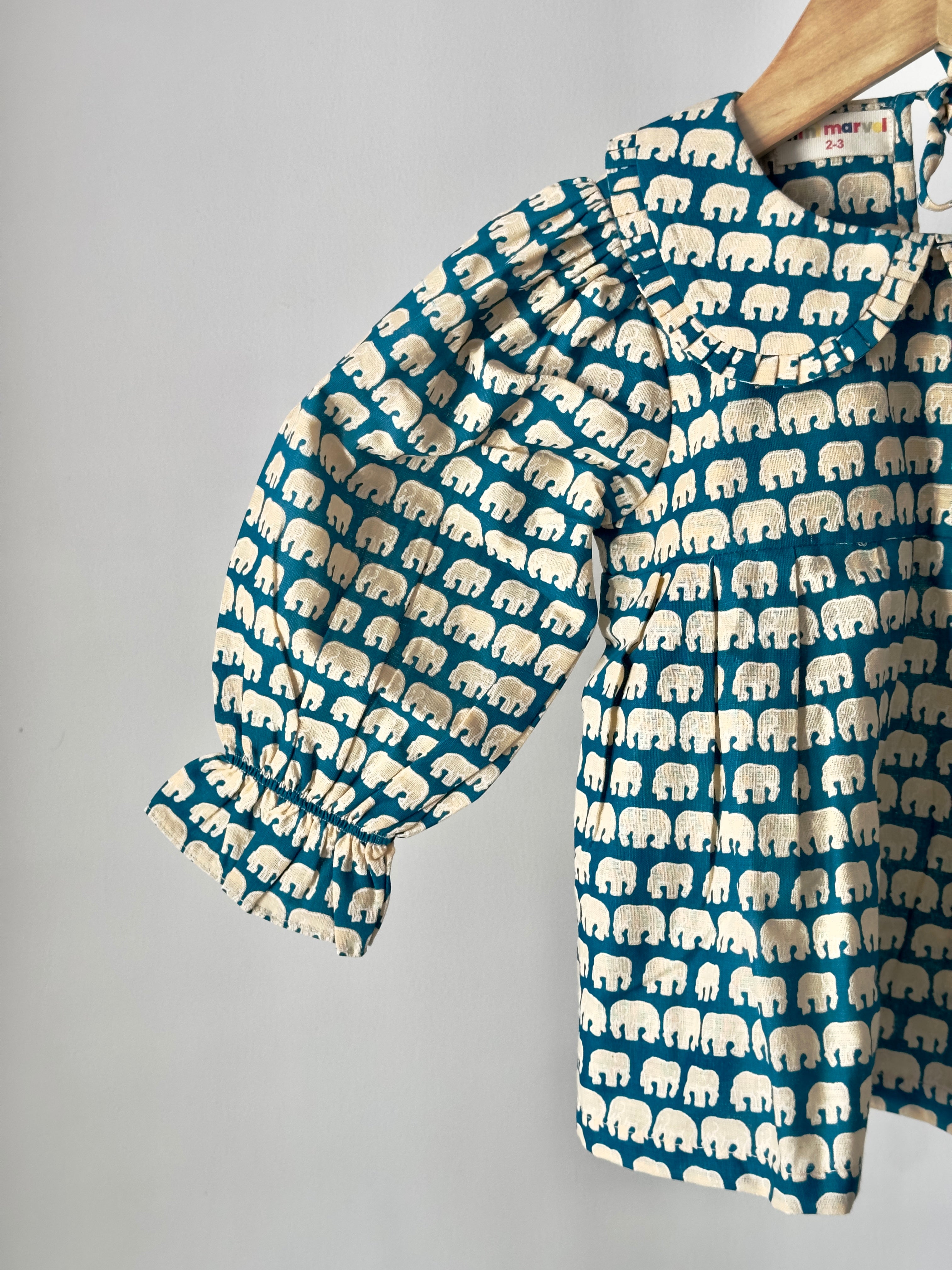 cotton co-ord set with teal elephant print – top and bottom.