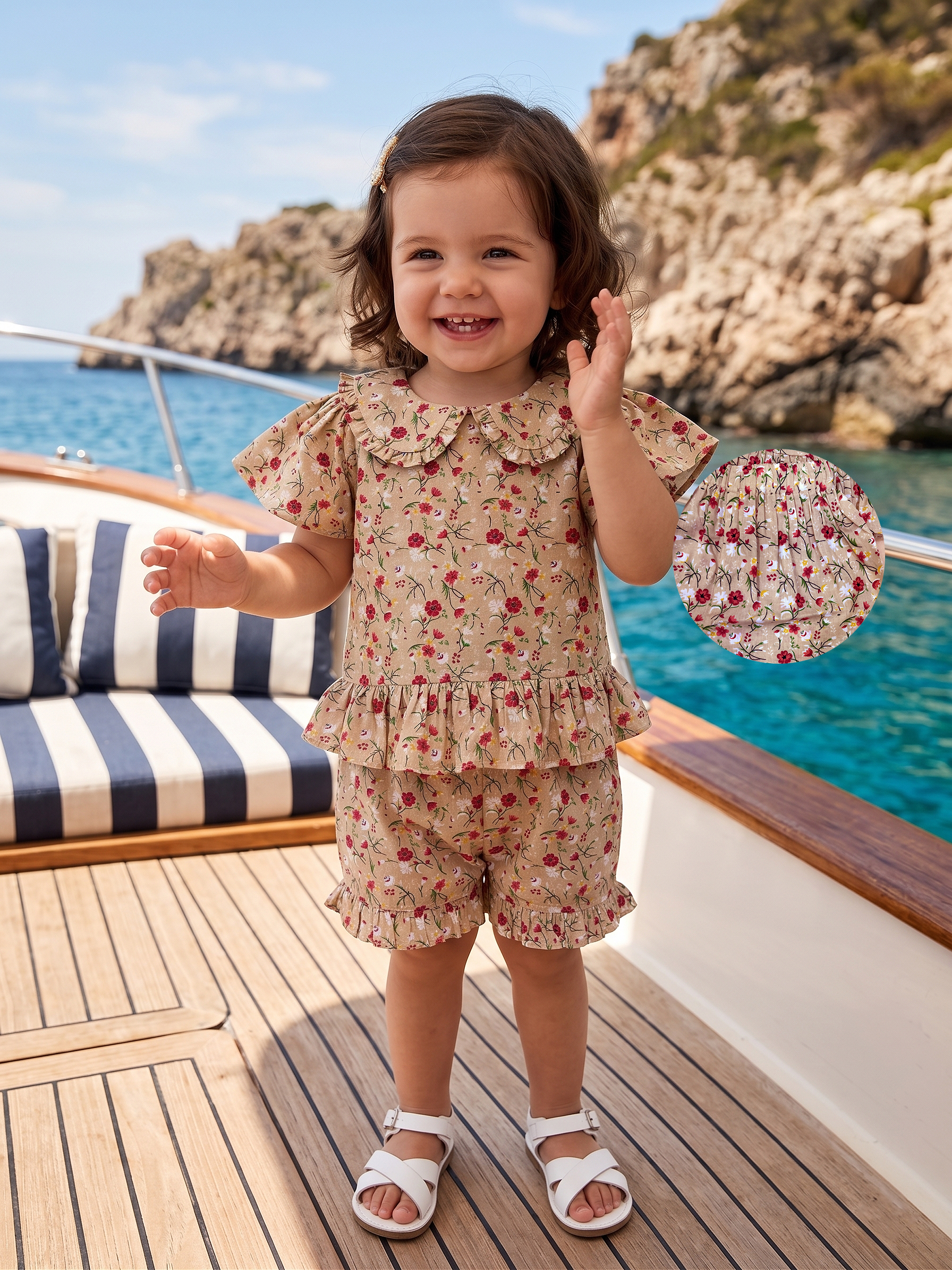 Beige Floral Ruffle Collar Top & Shorts Set for Girls