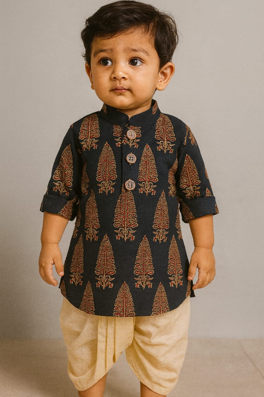 Black Printed Cotton Kurta Dhoti Set