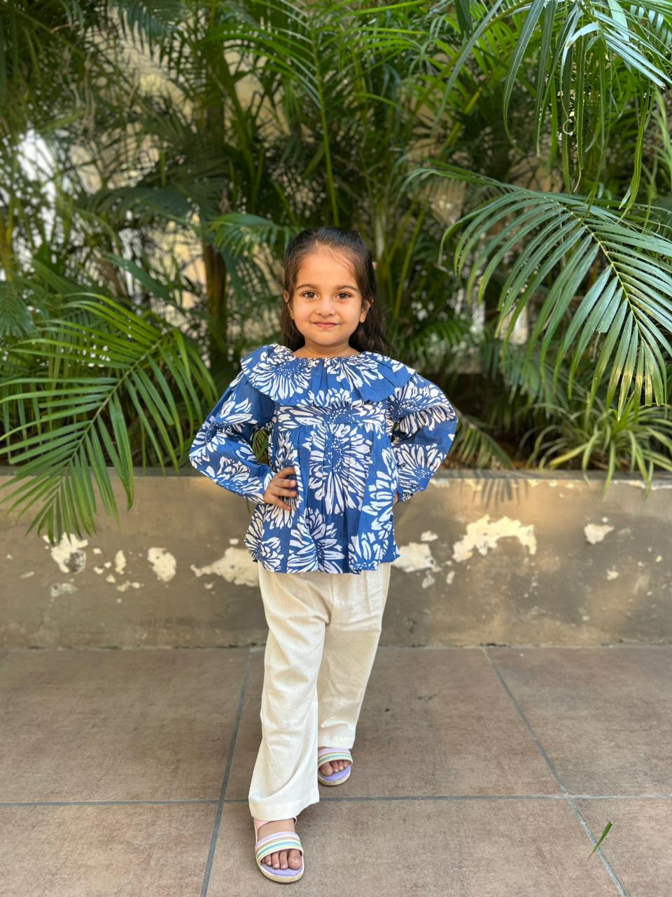 Blue Blossom Cotton Top & Cream Pant Set