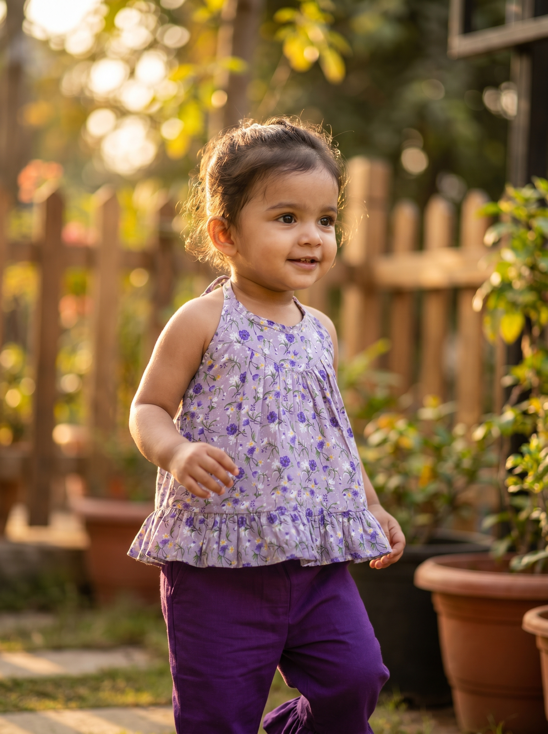 Lavender Floral Tie-Up Top & Purple Ruffle Hem Pants Set for Girls