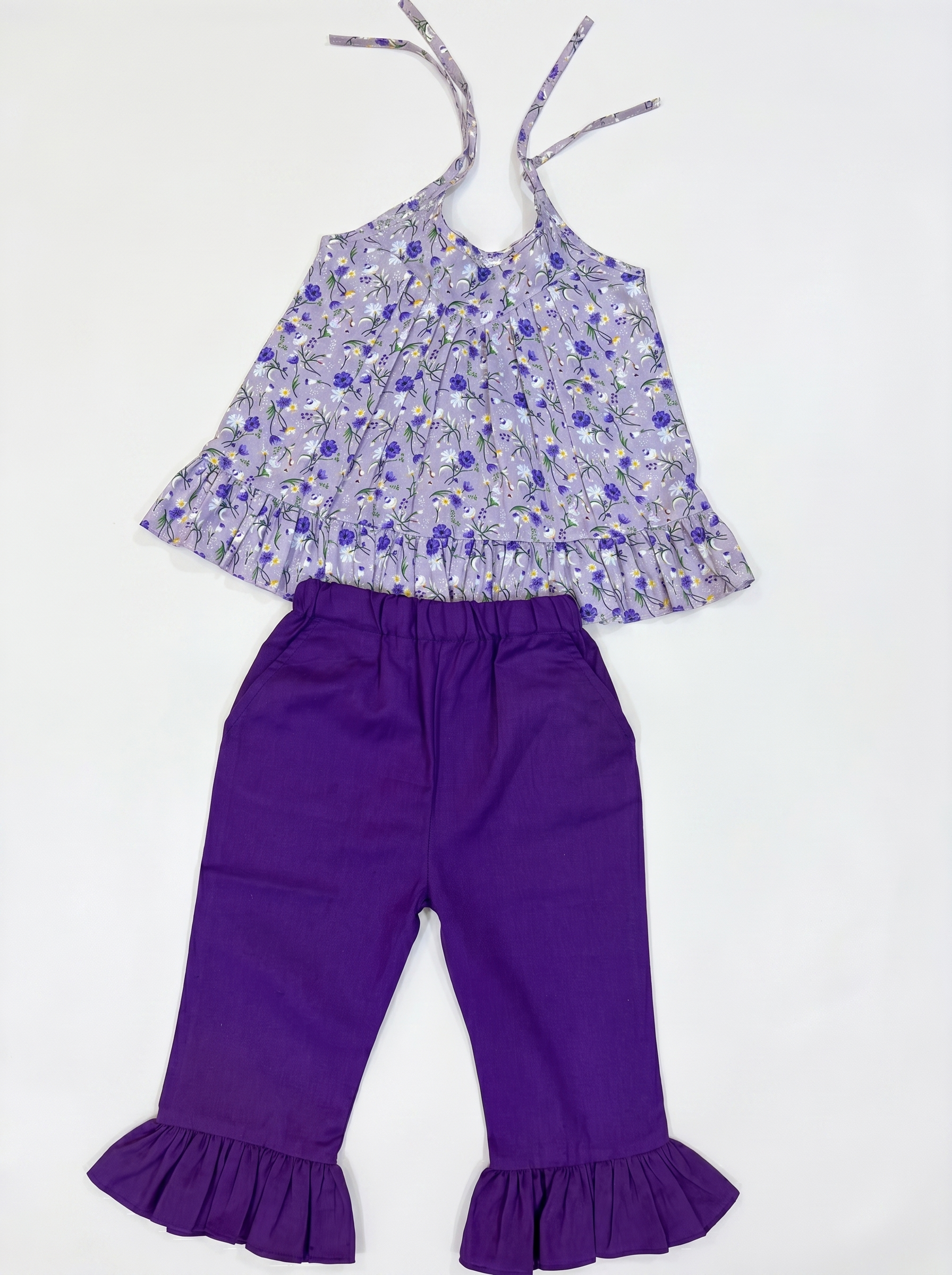 Lavender Floral Tie-Up Top & Purple Ruffle Hem Pants Set for Girls