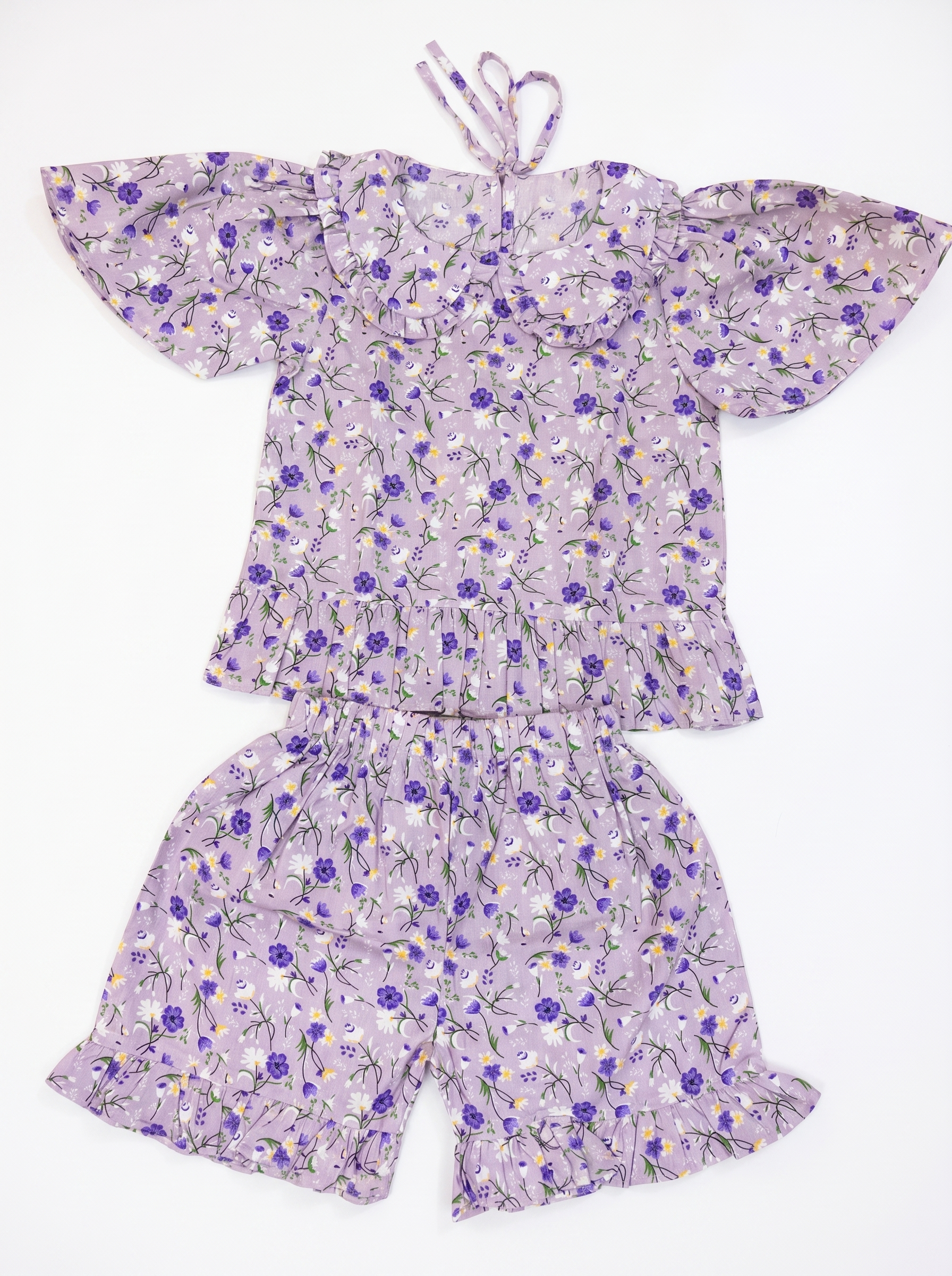 Lavender Floral Ruffle Collar Top & Shorts Set for Girls