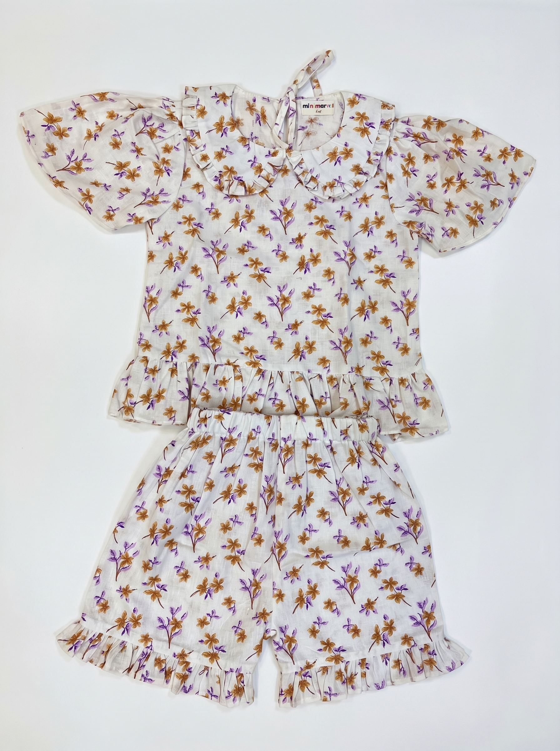 Floral Ruffle Collar Top & Shorts Set for Girls