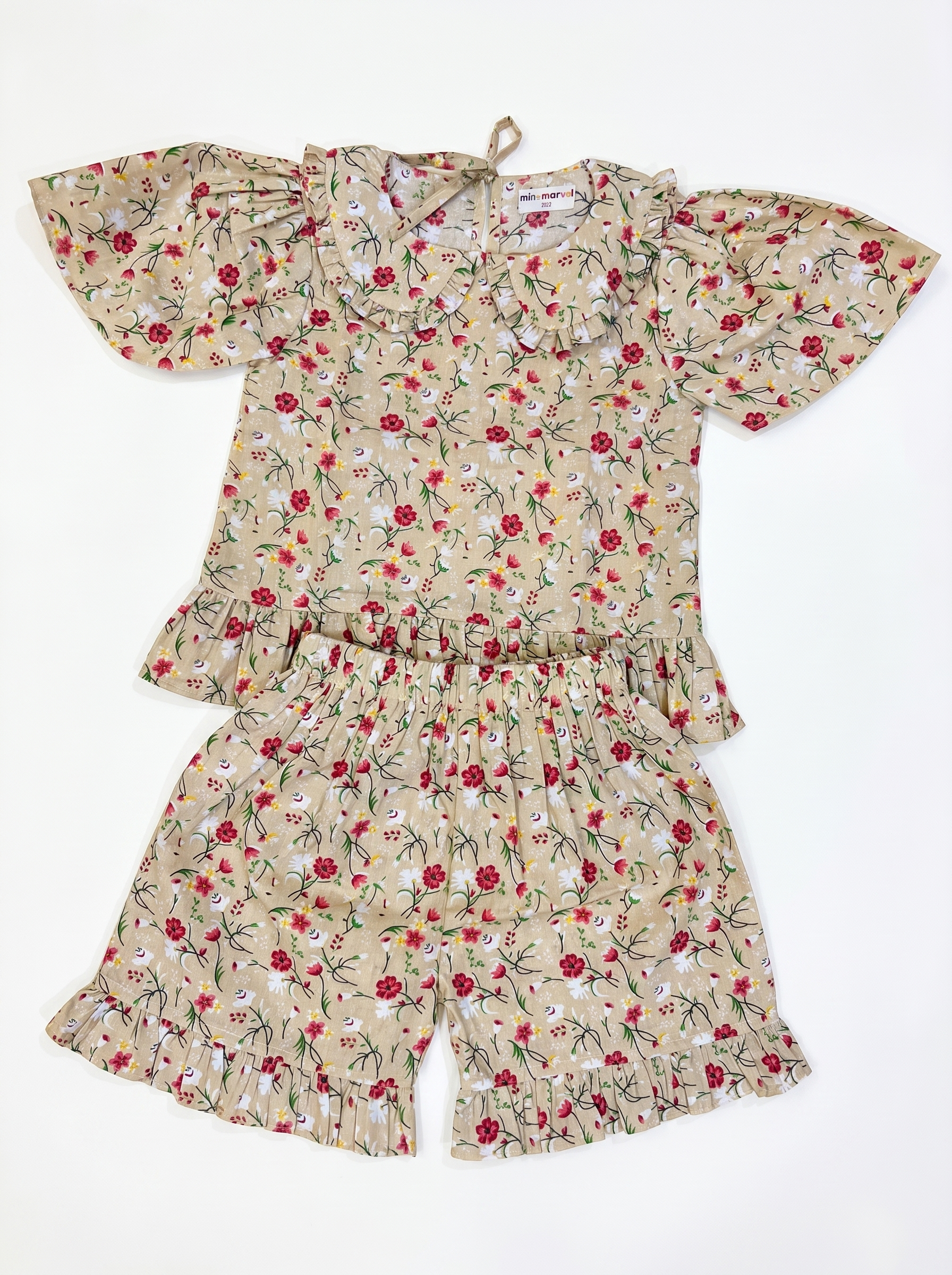 Beige Floral Ruffle Collar Top & Shorts Set for Girls